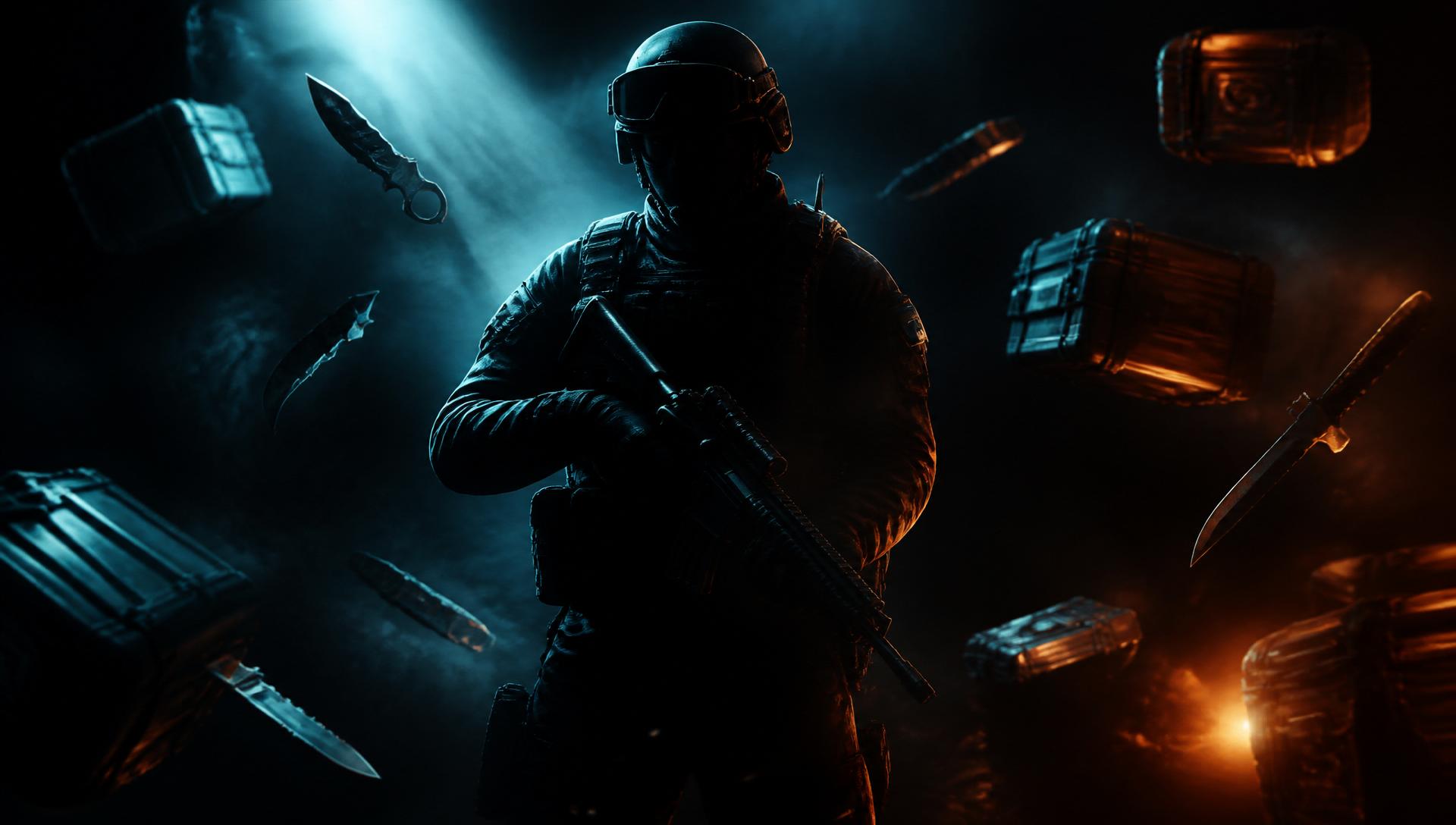 Operador de CS2 rodeado de facas e caixas de skins